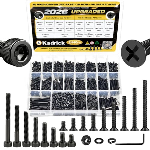 Kadrick 2440PCS M3 Screws Assortment,Hex Socket Cap & Countersunk M3 Screws | M3 Bolts With Nuts,Flat & Lock Washerss, Length From 4-35mm,Class 12.9 & 4.8 Alloy Steel,Black Zinc Plated - size: M3 2440Pcs 4-35mm