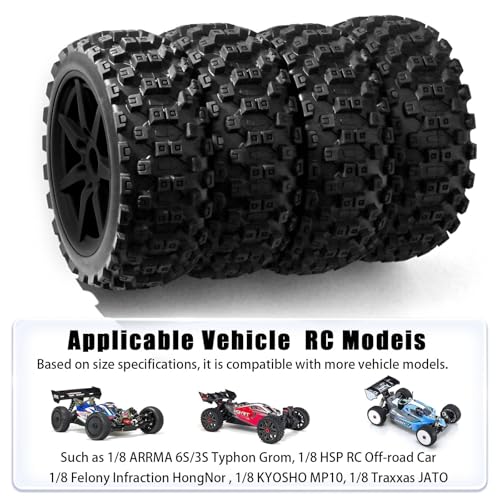1/8 Scale RC Off-Road Buggy Tires & Wheels with 17mm Hex Foam Inserts Included, Compatible with ARRMA Typhon, LOSI, KYOSHO & More (Set of 4) - color: Black
