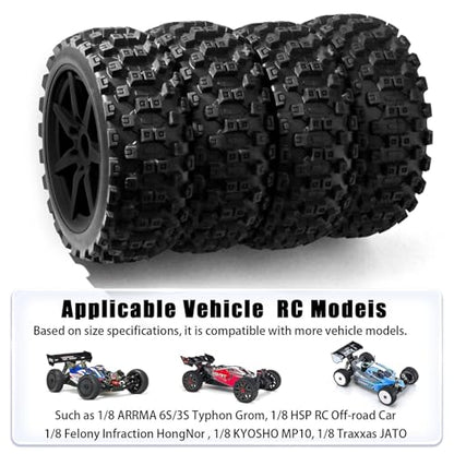 1/8 Scale RC Off-Road Buggy Tires & Wheels with 17mm Hex Foam Inserts Included, Compatible with ARRMA Typhon, LOSI, KYOSHO & More (Set of 4) - color: Black