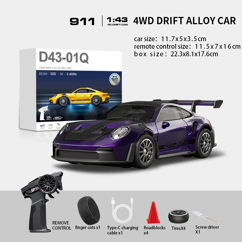 1/43 Scale RC Drift Car, 2.4G Full Proportional 4WD Remote Control Car with Gyro, Adjustable Speed & LED Lights, Alloy RC Vehicle for Adult