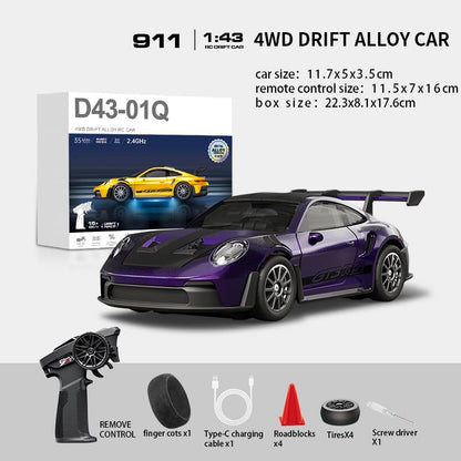 1/43 Scale RC Drift Car, 2.4G Full Proportional 4WD Remote Control Car with Gyro, Adjustable Speed & LED Lights, Alloy RC Vehicle for Adult