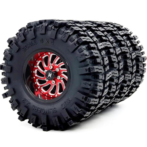2.2 Beadlock Wheels and Tires 124mm Tall Tyres, Mud Slingers 2.2 Tires and Wheels Adjustable Offset 40mm Wide Rims for 1/10 RC Crawler SCX10 Capra Upgrades,HS701586 - color: Black & Red