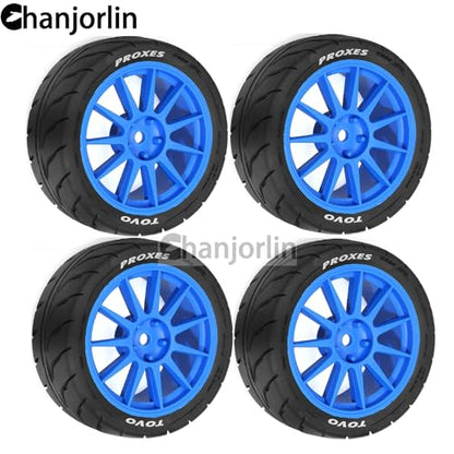 1/10 RC On Road Racing Tires and Wheels 12mm Hex OD 2.72'' RC Rally Street Tyres for 1:10 Scale Touring Drift Car Tamiya TT01 TT02 XV01 TA06 A959 PTG2 HPI KYOSHO HSP Traxxas 4PCS (Blue) - color: Blue