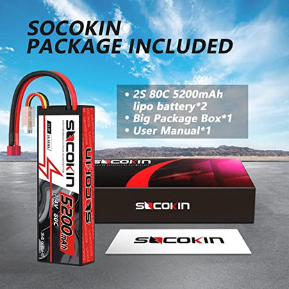 2S Lipo Battery 7.4V 5200mAh 80C Battery with Hard Case T-Plug for RC Evader BX Car Buggy Boat Drones 1/10 Scale Racing Truck Racing Heli Airplane