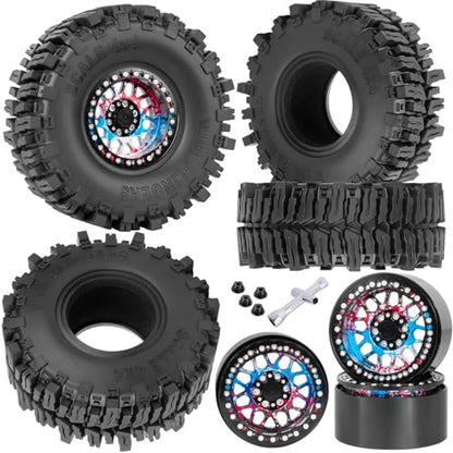 Aluminum 2.2 Wheel Tires for 1/10 SCX10 SCX10 II SCX10 III SCX10 Pro TRX4 TRX6 Gen7/8 D90 VS4-10 MST CFX RC Crawler Car,2.2 Beadlock Wheel Off Road Buggy Rally RC Truck Tires,Colorful(Red Blue Tone) - color: Colorful(red Blue Tone) - (4pcs Tires)