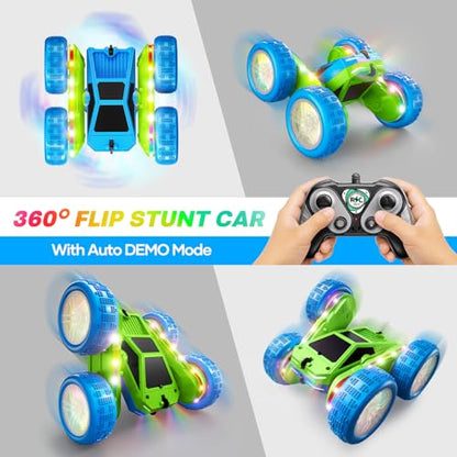 Remote Control Car, 360° Flips Rotating RC Stunt Car with USB-C Charge Modular Battery, 4WD RC Cars with LED Lights Strips, All Terrain RC Truck Toys for Kids 3+ Year Old Boys Christmas Birthday Gift - color: Blue & Green