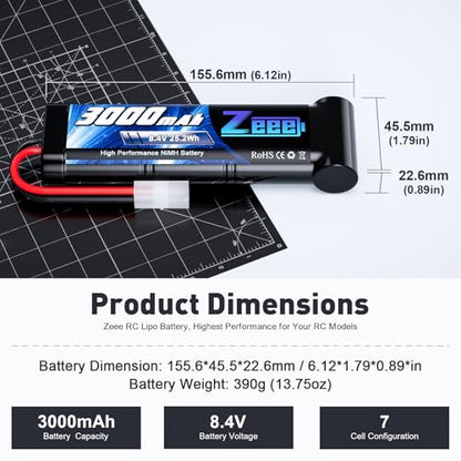 Zeee 8.4V 3000mAh NiMH Battery with Tamiya Plug (2 Pack) | High Power RC Battery for RC Car LOSI Associated HPI Tamiya Kyosho