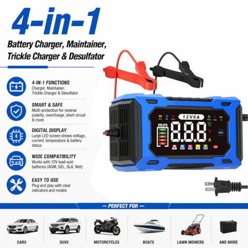 6A 12V Smart Battery Charger Maintainer (Blue) | 6A Smart Charger Maintainer, Pulse Desulfator, Trickle Tender, Overcharge Safe, AGM/GEL/SLA, for Car/Marine/Lawn Mower/ATV - color: Blue
