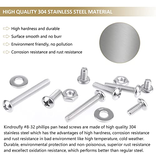 202 Pieces #8-32x 1/4", 5/16", 3/8", 1/2", 5/8", 3/4", 1", 1-1/4", Phillips Pan Head Machine Screws Nuts Washers Assortment Kit, 304 Stainless Steel, Fully Machine Thread - size: #8-32