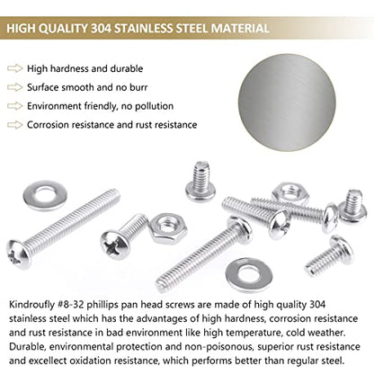 202 Pieces #8-32x 1/4", 5/16", 3/8", 1/2", 5/8", 3/4", 1", 1-1/4", Phillips Pan Head Machine Screws Nuts Washers Assortment Kit, 304 Stainless Steel, Fully Machine Thread - size: #8-32