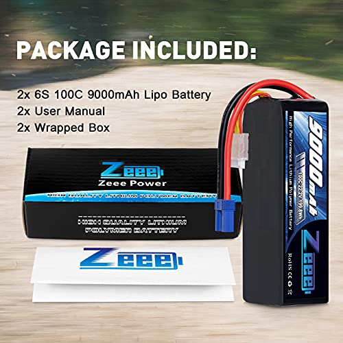 Zeee 6S Lipo Battery 9000mAh 22.2V 100C Soft Case RC Battery EC5 Connector with Metal Plates for RC Car Truck Desert Racer RC Tank RC Hobbies(2 Pack)