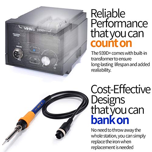 YIHUA 939D+ Digital Soldering Station, 75W Equivalent with Precision Heat Control (392°F to 896°F) and Built-in Transformer. ESD Safe, Lead Free with °C/°F display (Black) - color: Black