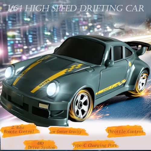 RC Drift Car, 1/64 Mini RC Remote Control Car, 2.4GHz Full Proportional RTR High Speed Micro Sports Racing Drift, 4WD HobbyFast Race Vehicle with Lights, Model Toys Gift for Kids, Boys, Adults - color: Green