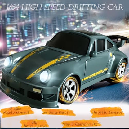 RC Drift Car, 1/64 Mini RC Remote Control Car, 2.4GHz Full Proportional RTR High Speed Micro Sports Racing Drift, 4WD HobbyFast Race Vehicle with Lights, Model Toys Gift for Kids, Boys, Adults - color: Green