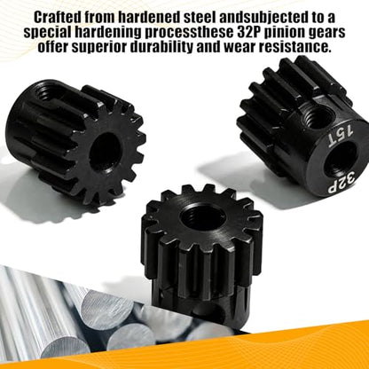 32P 15T RC Car Gear Set | 45# Steel Black Oxide | 5mm Bore +0.03mm | Precision Engineered Motor Pinion Gear Compatible with Traxxas/ARRMA/HPI/Kyosho (3-Pack with M4 Set Screws) - style: 3Pcs 15T