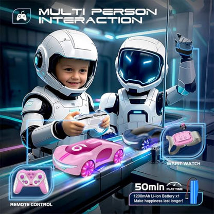 2.4G Gesture Sensing RC Stunt Car, LED Drift Racing Car with Spray Boost, USB Charging Station & Music Effects – 360° Flip Toy Gift (Handle+Watch RC Version) - color: Blue