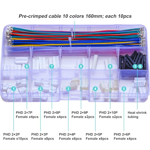 JST Connector Kit 2.0mm Pitch JST-PHD 2.0 Female Connector with Premium 22AWG Pre-Crimped Cables,Dual Row Without Lock PH 2.0mm 2 * 2/3/4/5/6/7/8/9/10 Pin Female Housing (PHD-MM-Kit) - size: JST-2.0MM-PHD Dual Row