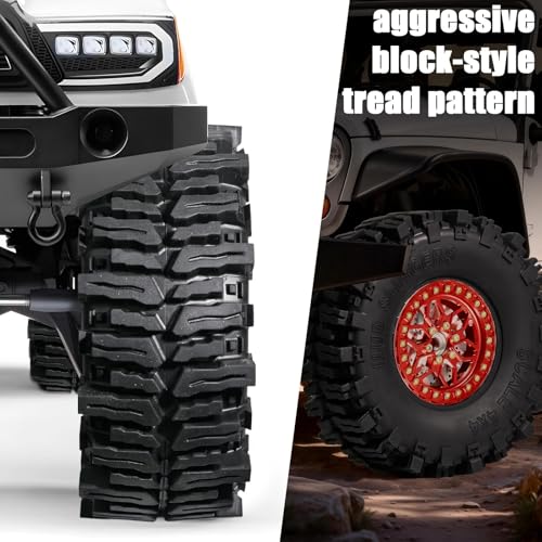 2.2" RC Mud Terrain Wheel Tire with Brake Discs for 1/10 RC Crawler - 12mm Hex, 9.5mm Offset Aluminum Wheel - Aggressive Huge Lug Tire for Mud Slinging - Fit for SCX10 TRX4 TRX6 Gen8 VS4-10 - color: Red