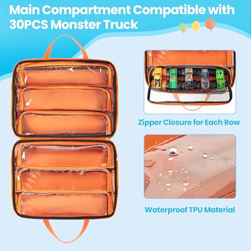 Monster Trucks Carrying Case Fit 34 1:64 Scale Toy Cars, Navy-Orange | Compatible with Monster Jam Trucks, Home Storage & Travel Use, Large Capacity, on the go Carry Bag, Empty Bag - color: Navy-Orange