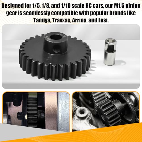 M1.5 30T Pinion Gear 8mm Bore with 8mm to 5mm Shaft Adapter Sleeve, Chromium Steel Motor Gear with Set Screw & Hex Key for Traxxas ARRMA Losi 1/5 1/8 RC Cars - size: 30T