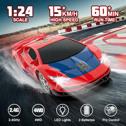 Spider RC Drift Car, 1:24 Remote Control Car 2.4GHz 4WD 15KM/H High Speed RC Cars with LED Lights Racing and Drifting Tire, Gifts Toy Car for Boys Kids 4-7 8-12