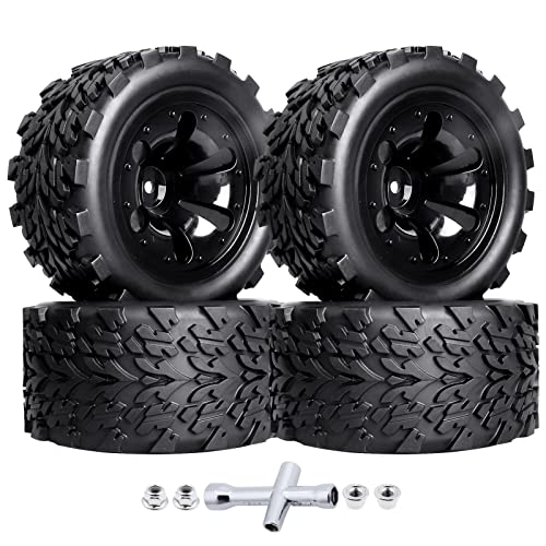 Hobbypark PreGlued 12mm Hex Wheels and Tires for 1/10 Scale RC Monster Truck Foam Inserts Compatible with Traxxas Rustler VXL Stampede 2WD Hoss 4x4, Set of 4