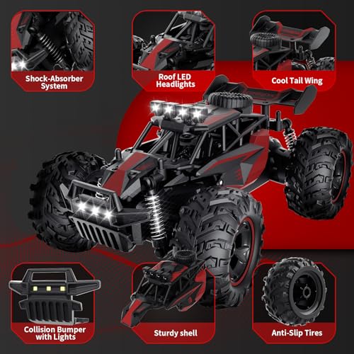 Carox Remote Control Car, 2.4GHz 25KM/H High Speed RC Car, 1:18 Off-Road Monster Truck with LED Lights– Ideal Gift for Boys 6+ - color: Red