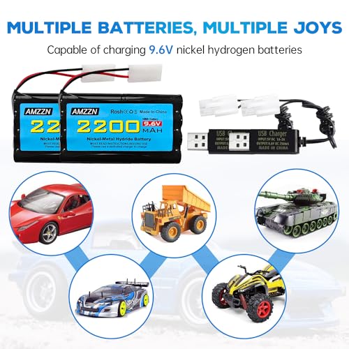 2PCS 9.6V 2200mAh AA NiMH Battery with Tamiya Plug and USB Charging Cable for RC Toy Cars, Trucks, Tanks, Engineering Vehicles, RC Ships, Rechargeable Battery Accessories