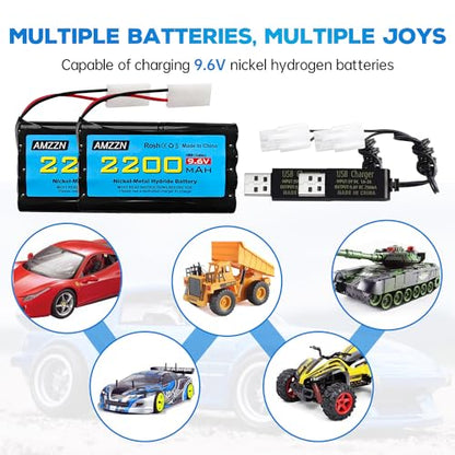 2PCS 9.6V 2200mAh AA NiMH Battery with Tamiya Plug and USB Charging Cable for RC Toy Cars, Trucks, Tanks, Engineering Vehicles, RC Ships, Rechargeable Battery Accessories
