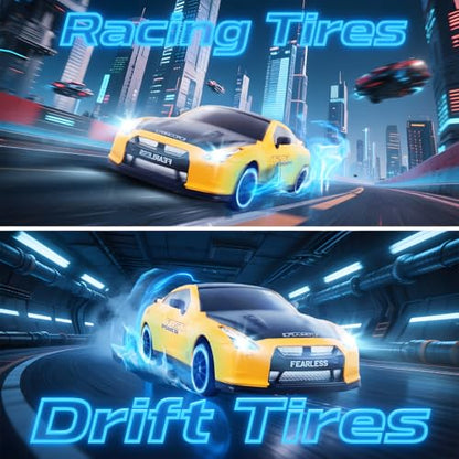 SANCO 1:24 RC Drift Car with LED Lights, 2.4GHz Remote Control Car, Includes 2 Batteries & 2 Sets of Tires for Racing & Drifting, Electric Hobby Racing Toy for Adults, Boys & Kids(Yellow)