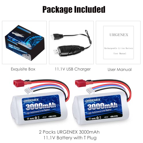 11.1V 3000mAh Li-ion Battery for R608 Brushless RC Boat 15C 3000mAh High Capacity RC Battery with Dean-Style T Plug 33.3Wh 3S Fit for DEERC 2104 210E 200E High Speed RC Boats 2PCS