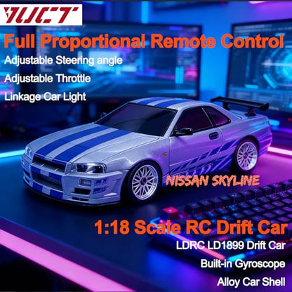 YUCT LDRC LD1899 1/18 RWD Nissan Skyline GTR R34 RC Drift Car with Gyro | 2.4GHz RWD with Gyroscope Alloy Body Extra Metal Drift Tires & Mini Roadblock, Silver - color: Ld1899-silver
