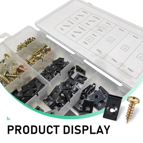 170PCS Car U Clips and Screws Kit, Auto Body Fasteners | Zinc Plated Metal Retainer Clips, U Speed Nuts and Screw Clip for Fender, Radiator Shield, Engine Cover Replacement Parts