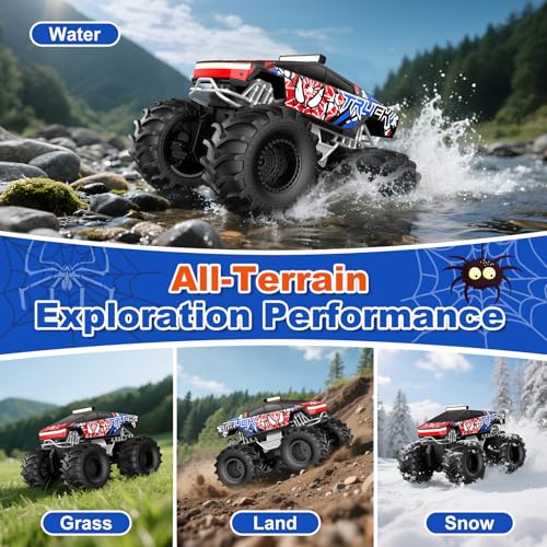 TOZDTO Remote Control Car, Amphibious Monster Truck Toys for Boys RC Cars, 2.4 GHz Waterproof RC Trucks, 1:18 4WD All Terrain Off-Road Pickup, Cool Christmas Birthday Ideas Gifts for Kids 6+ Year Old - color: Red
