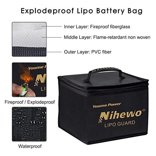 Lipo Bag Fireproof Explosionproof Lipo Battery Bag Divider Large Capacity | Lipo Safe Bag Organizer Lipo Guard Pouch for Lipo Battery Storage & Transporte & Charge with Durable Handle and Mesh Pocket