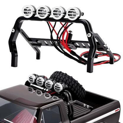 High-Precision CNC Aluminum Bed Rack & Spare Tire Carrier with Roof LED Lights (4) for 1/18 TRX4M F-150 High Trail Crawler Truck,Black(2.0 Upgrade Version) - color: Black