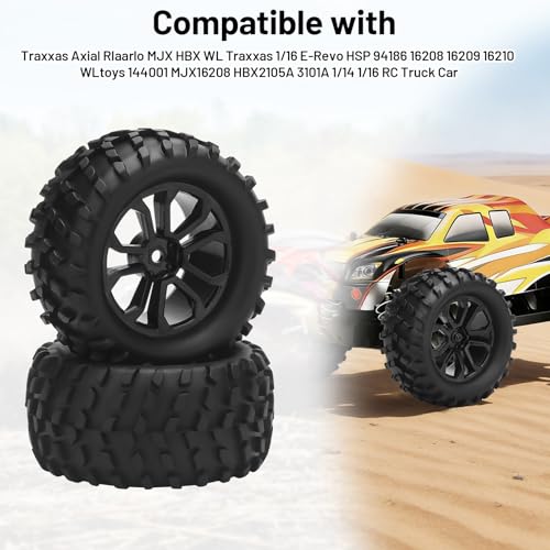 RC Car Tires and Wheels, daitoku 12mm Hex RC Truck Tires for TRAXXAS AXIAL Rlaarlo MJX HBX WL TRAXXAS 1/16 E-Revo HSP 94186 16208 16209 16210 WLtoys 144001 HBX2105A 3101A 1/14 1/16 Truck