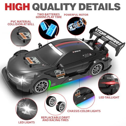 RC Drift Car 1:16, 2.4GHz 4WD Remote Control Car, 30+KM/H High Speed Drifting RC Cars with LED Lights Two Batteries and Drift Tires Racing Cars for Adults Boys Kids, Black - color: Black