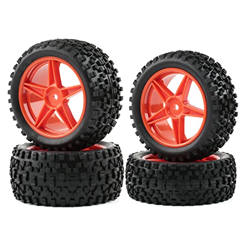 1/10 Buggy Tires & Wheels Set - Front & Rear Different Sizes 12mm Hex Red 5-Spoke Rims, Compatible with Traxxas Bandit, Redcat, Tamiya - Includes Lock Nuts, Washers & Wrench