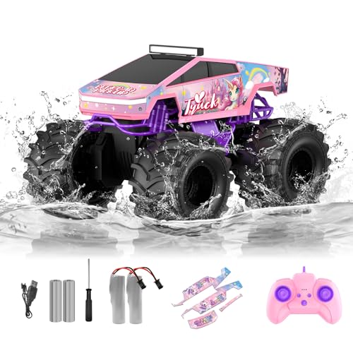 Amphibious Remote Control Car, 1:18 Waterproof Monster Truck Toys RC Cars, 2.4GHz RC Trucks 4WD All Terrain Off-Road Pickup, Kids Christmas Birthday Presents for Boy Girl Toys Age 6 7 8 9 10 11 12 - color: Pink