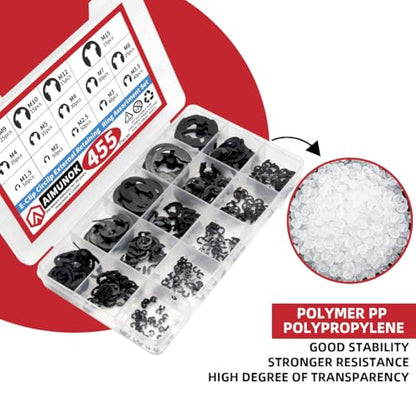 455Pcs E-Clip External Retaining Rings Snap Rings Assortment Set, High Carbon Steel C-Clip Kit, 14 SAE Sizes Circlip Snap Rings M1.5- M15 - size: 455pcs E-clip Carbon Steel