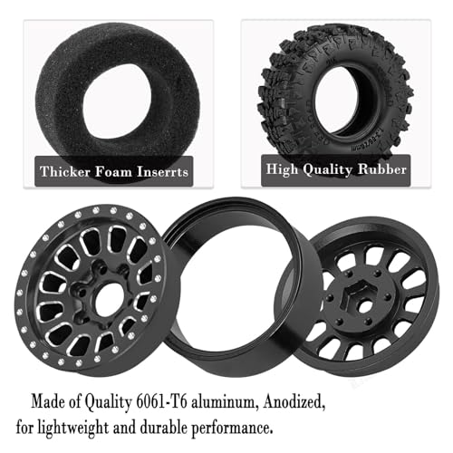 Rc 1.3 Beadlock Wheel Tires/Wheel Rims for 1/24 1/18 SCX24 TRX4M RC Crawler Car,Aluminum 1.3 Beadlock Wheels and Tires,Rc Tires with Foam Inserts,Black(4PCS) - color: Black - (Rc Wheels Tires)