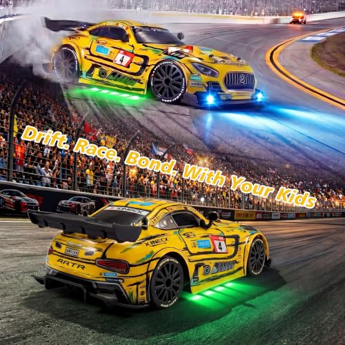 1:24 Scale RC Car for Kids, 4WD High Speed Remote Control Drift Car | 2.4GHz RC drift car with LED lights, 2 batteries(50-min)& dual mode tires (drift/speed). Gift for boys aged 4-12, Yellow - color: 3-yellow