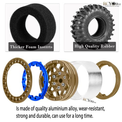RC Aluminum 1.3" Beadlock Wheel Tires Set w/Wheels Ring for 1/18 1/24 Trx4m SCX24 FCX24 RC Crawler Car,1.3 Crawler Tires,(4PCS) Wheel Rim Soft Rubber Tire,Wheels and Rim,Brown