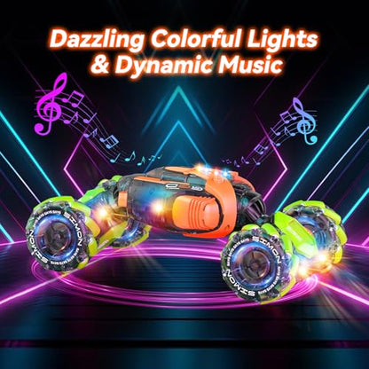 Nicella Remote Control Car, RC Toys Gifts for 6 7 8 9 10 11 12 Year Old Boys Girls - 360° Rotating 4WD Gesture Sensing RC Sunt Car with Lights & Music - Cool Birthday Gifts for Kids - color: Orange/Green