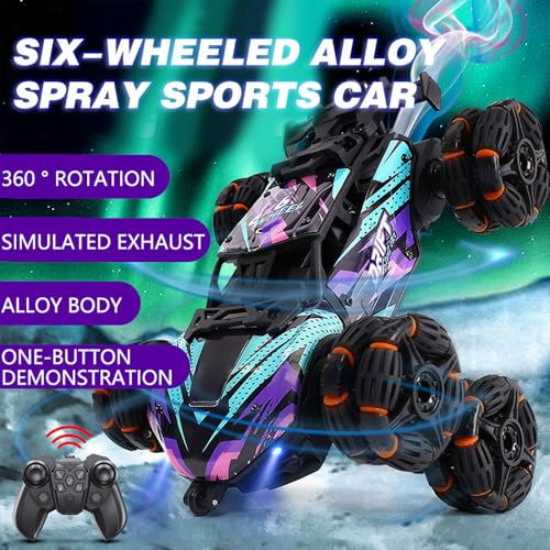 Six-wheel RC Control Racing Car Spray Off Road Truck Function That Can Turn Back & Forth 4-Channel Double Sided Remote Control Expert Drift Twisting Plastic Stunt Car 500m Range for Indoor-Outdoor Use