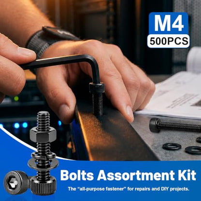 500Pcs M4 Screw Hex Socket Head Cap Bolt Kit M4x6-30mm 12.9Alloy Steel | Black Zinc Plated Metric Allen Bolt with Nut Flat Spring Washer Allen Wrench Assorted Hardware for DIY, 3D Printing Furniture - size: G12.9 M4 500PCS