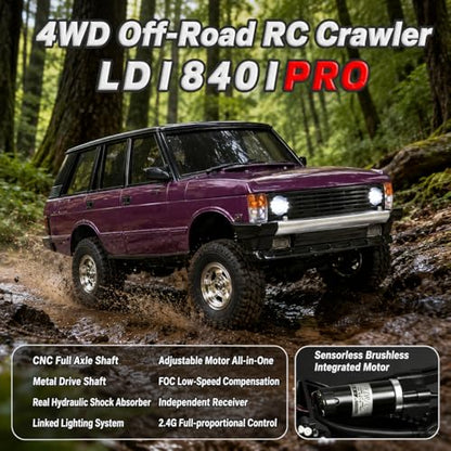 LD18401Pro 1:18 4WD RC Crawler, Sensorless Brushless Motor RC Off-Road Truck with Metal Axles & Hydraulic Shocks, 2.4G Full-Proportional Control RC Car Purple - color: Purple