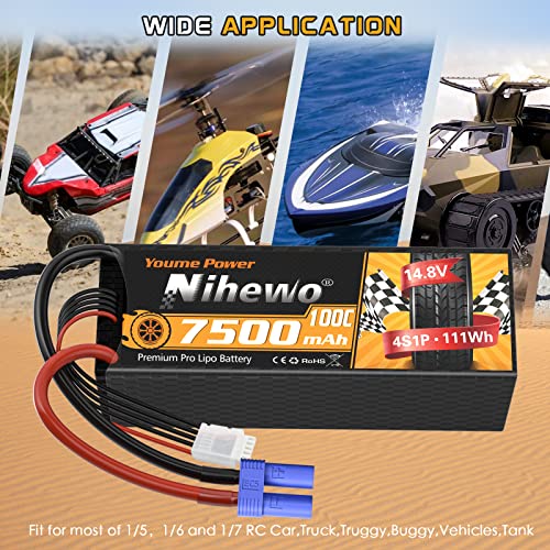 4S Lipo Battery EC5 14.8V 7500mAh Hardcase 2 Packs for RC Truck Boat | 4S 14.8V 7500mAh Hardcase Lipo Battery Pack 100C EC5 Connector for 1/5 1/6 1/7 RC Car Buggy Boat Airplane 2 packs included - style: 14.8V 7500mAh