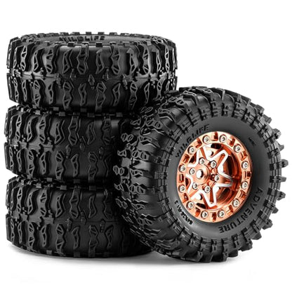 1.3" Pre-Assembled Beadlock Wheels and Tires 64mm (2.52in) for SCX24 TRX4M 1/18 1/24 RC Crawlers – Aluminum Rims, Rubber Tires with Foam Inserts, Easy-Install Upgrade Parts (Gold) - color: Gold 311